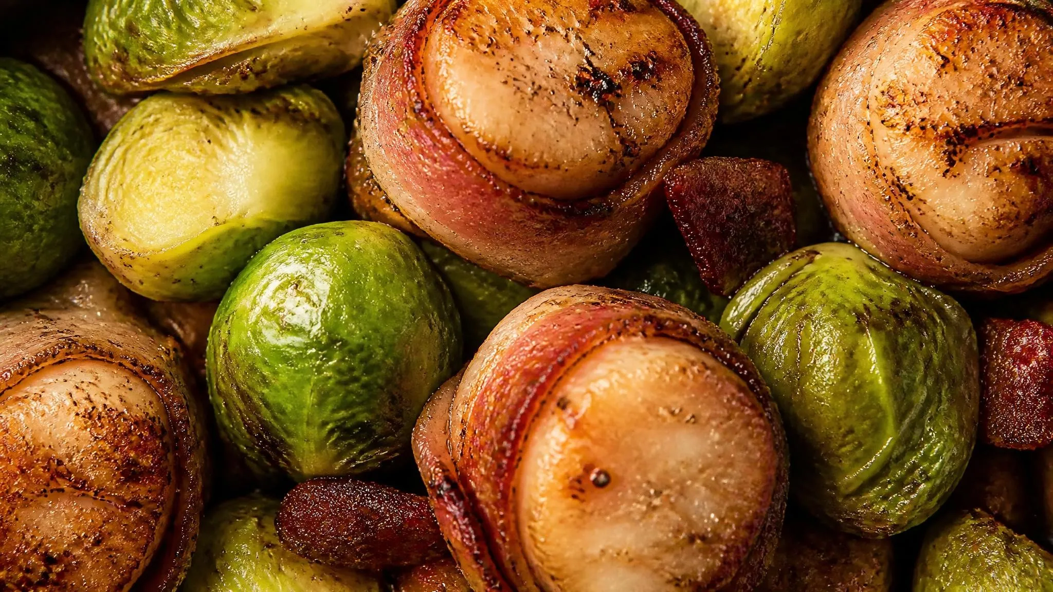 Bacon Wrapped Scallops and Brussels Sprout Skewers