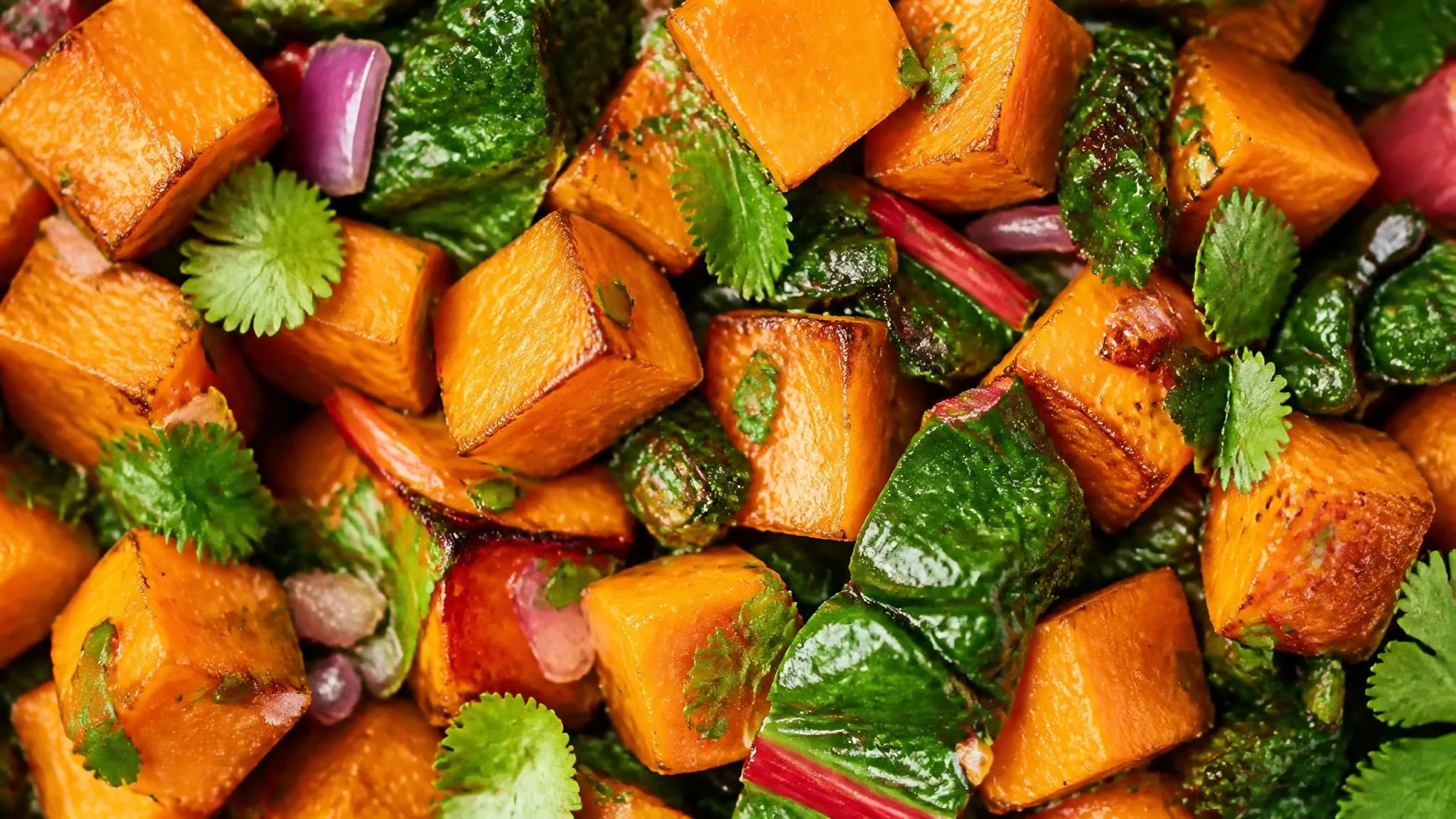 Citrusy, Roasted Sweet Potato, Swiss Chard Salad with Rainbow Trout