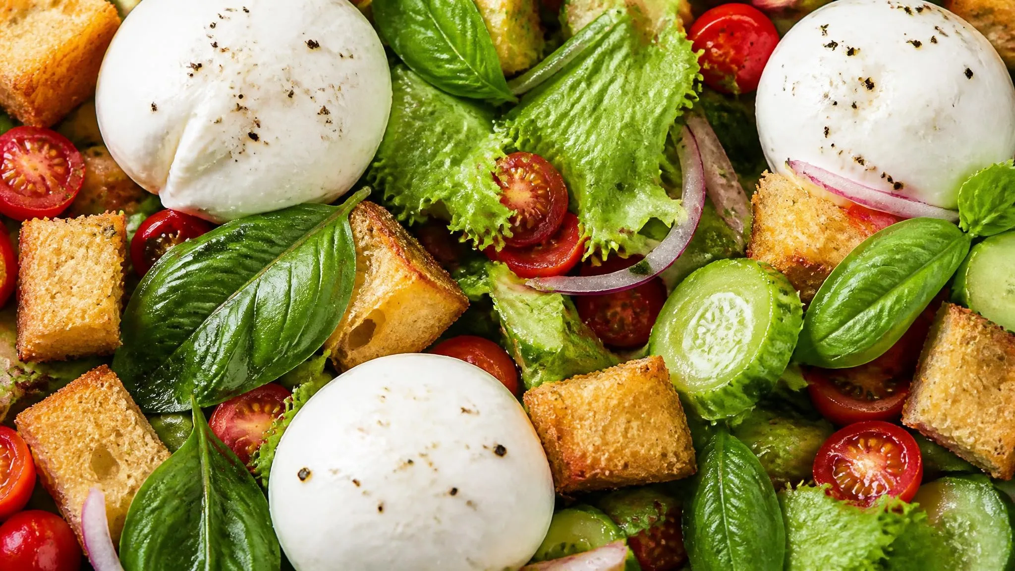 Early Summer Panzanella Salad with Burrata + Pancetta
